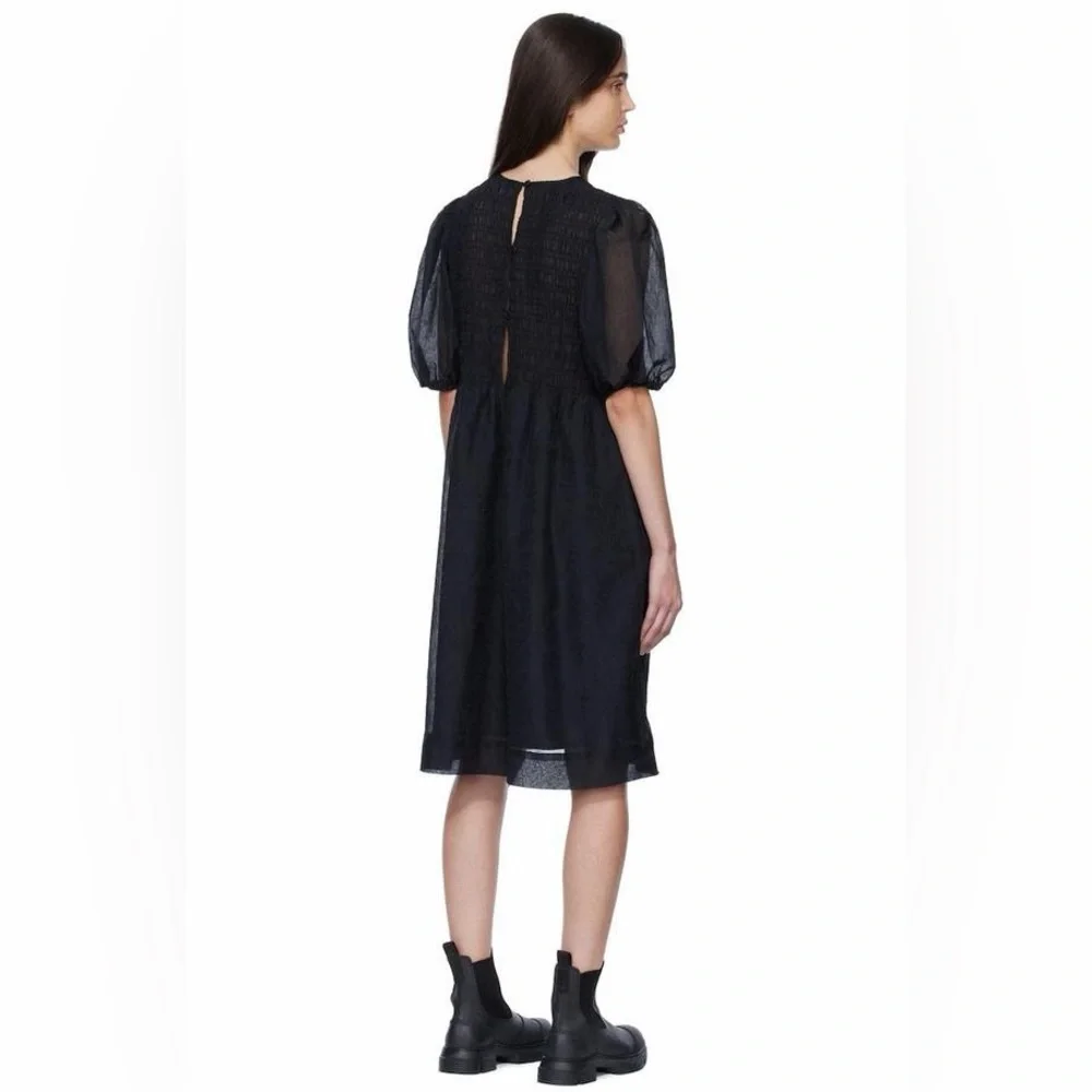 Ganni Black‎ Crinkled Georgette Smocked Midi Dress Size Large EU 40 Puff Sleeve